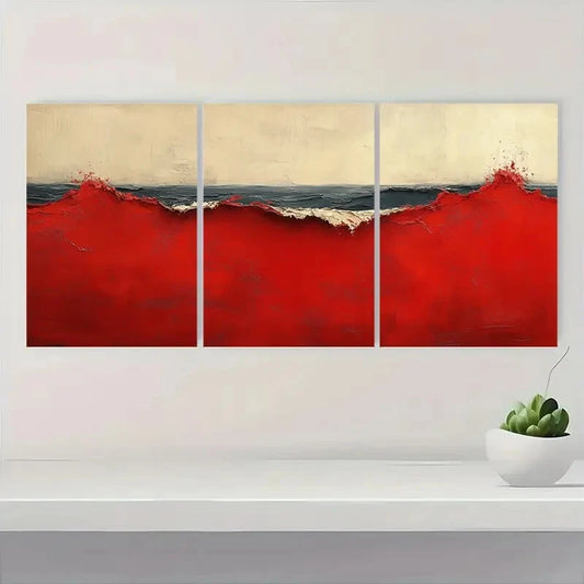 3pcs Abstract Red & Beige Wabi Sabi Texture Metal Print Ready to Hang Art