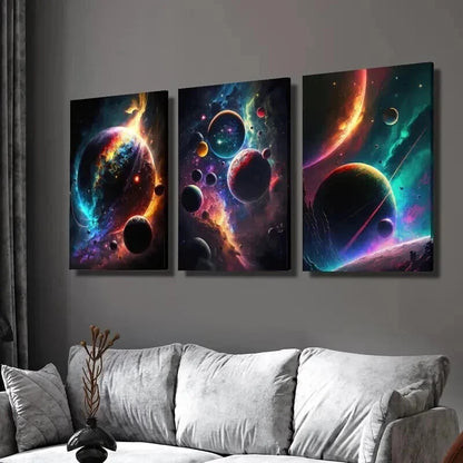 3pcs Colorful Space & Glowing Planets Wall Art Set Canvas Framed 40x60cm - High Quality Print 100% Australian Made Wall Canvas Ready to Hang
