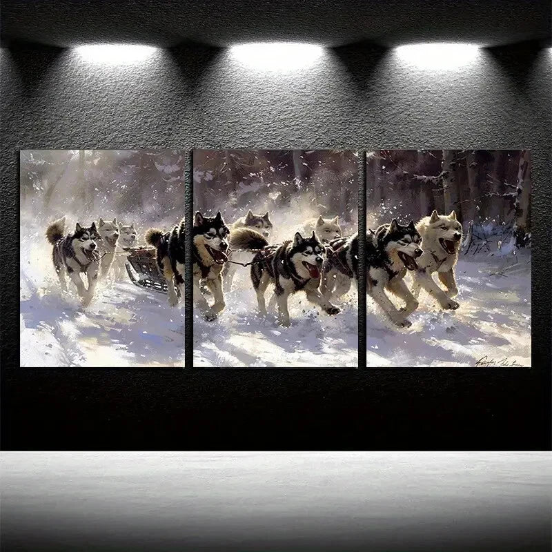 3pcs Sled Dog Pulling Illustration Metal Print Ready to Hang Art