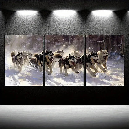 3pcs Sled Dog Pulling Illustration Metal Print Ready to Hang Art