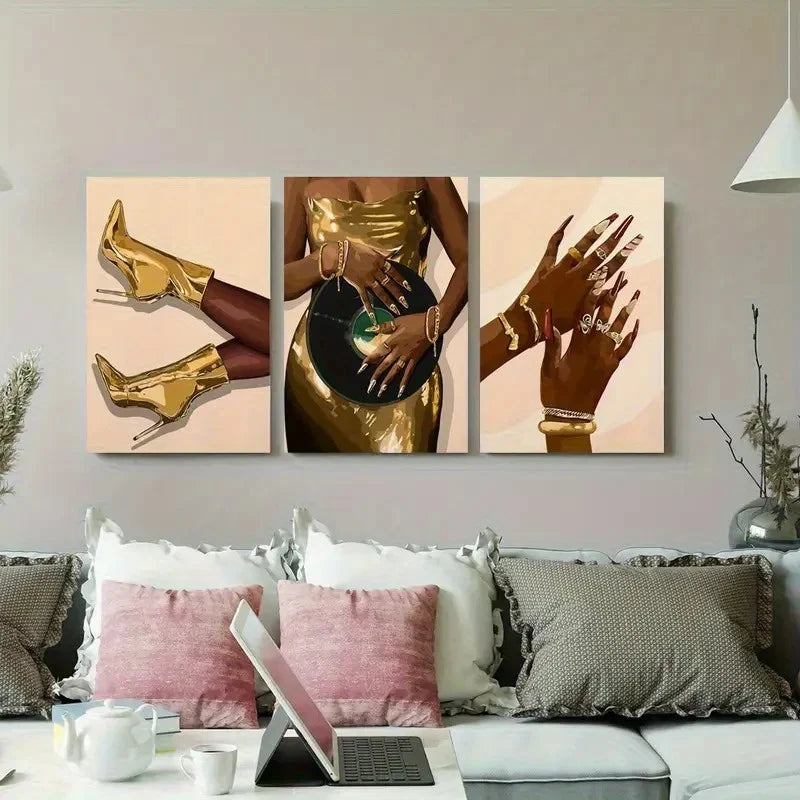 3pcs Golden Boots and Hand Accessories Metal Print Ready to Hang Art