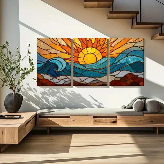 3pcs Stained Glass Sun Ocean Waves Beach Metal Print Ready to Hang Art