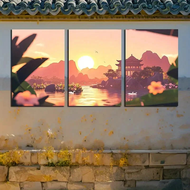 3pcs Vibrant Swans on Lake Surface with Mountain Metal Print Ready to Hang Art