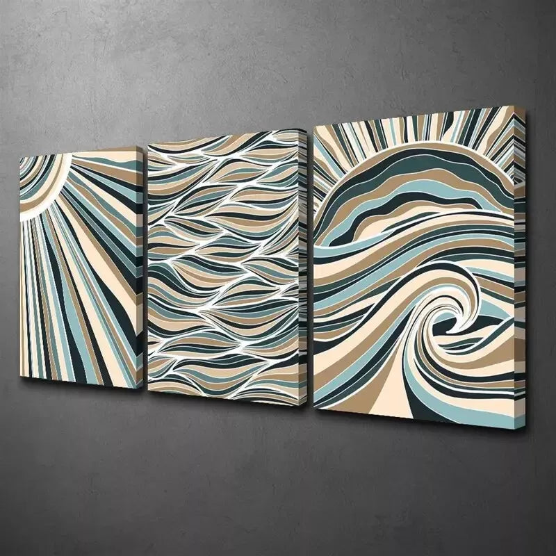 3pcs Wavy Ribbons in Blue Green and Beige  Wall Art Set Canvas Framed 50x70cm - High Quality Print 100% Australian Made Wall Canvas Ready to Hang - Bella Home Decor