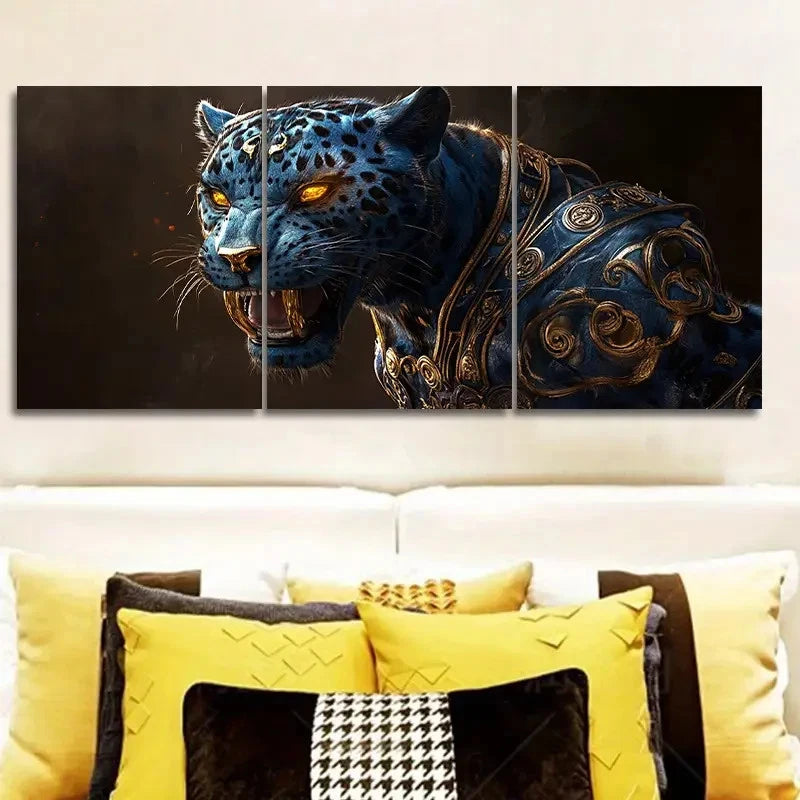 3pcs Blue Panther Modern Contemporary Style Wall Art Set Canvas Framed 50x70cm - High Quality Print 100% Australian Made Wall Canvas Ready to Hang