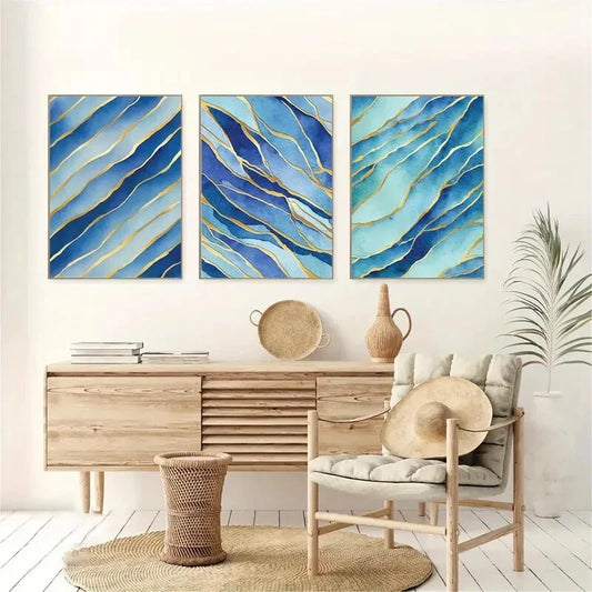 3pcs Dark Blue & Golden Marble Texture Liquid Metal Print Ready to Hang Art
