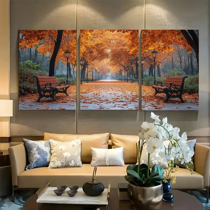 3pcs Vibrant Fall Leaves & Benches Scene Metal Print Ready to Hang Art