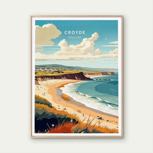 Vintage Croyde England Beach Coastal Landscape Travel Poster Print Wall Art+