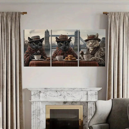 3pcs Fashionable Cats with London Bridge Metal Print Ready to Hang Art