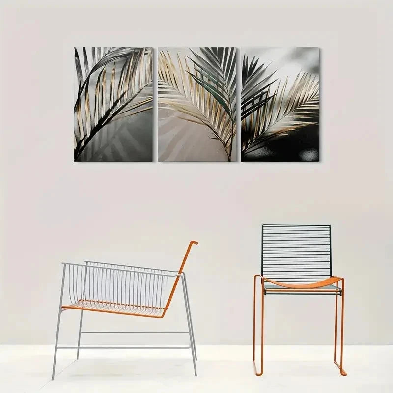 3pcs Black & Golden Green White Palm Leaf Wall Art Set Canvas Framed 60x90cm - High Quality Print 100% Australian Made Wall Canvas Ready to Hang