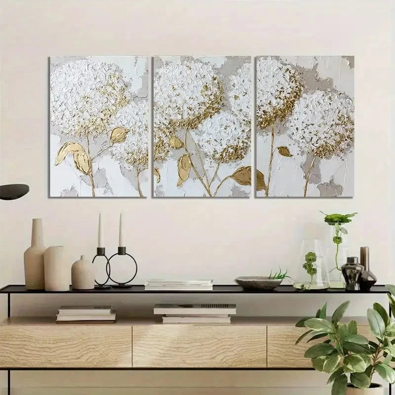 3pcs White Hydrangeas with Golden Accents Metal Print Ready to Hang Art