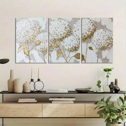 3pcs White Hydrangeas with Golden Accents Metal Print Ready to Hang Art