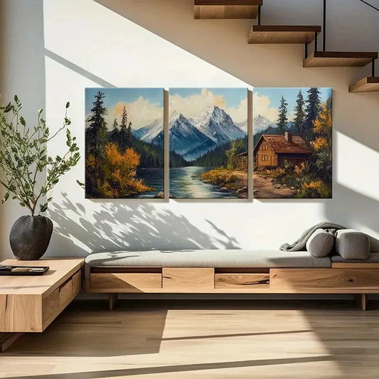 3pcs Mountain Retreat Log Cabin Autumn Colors Metal Print Ready to Hang Art