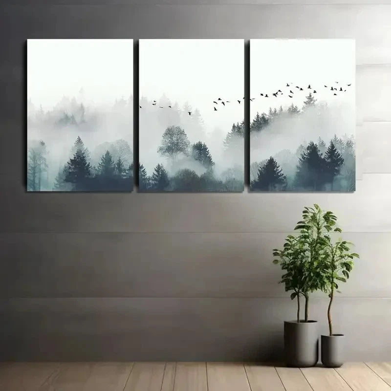 3pcs Nature-Inspired Misty Forest with Birds Metal Print Ready to Hang Art
