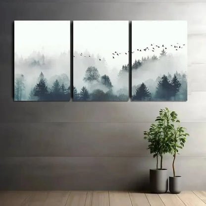 3pcs Nature-Inspired Misty Forest with Birds Metal Print Ready to Hang Art