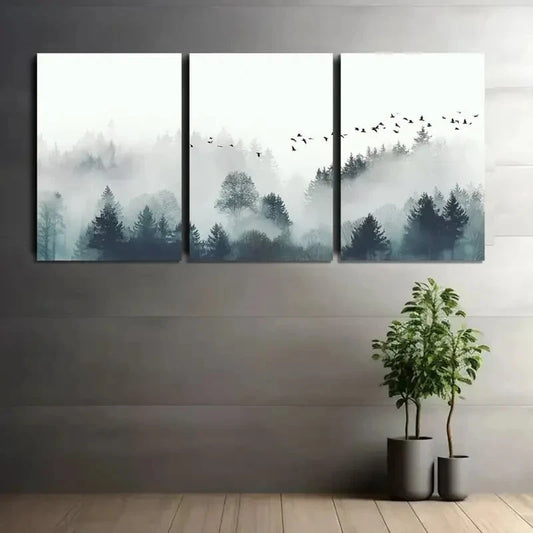 3pcs Nature-Inspired Misty Forest with Birds Metal Print Ready to Hang Art