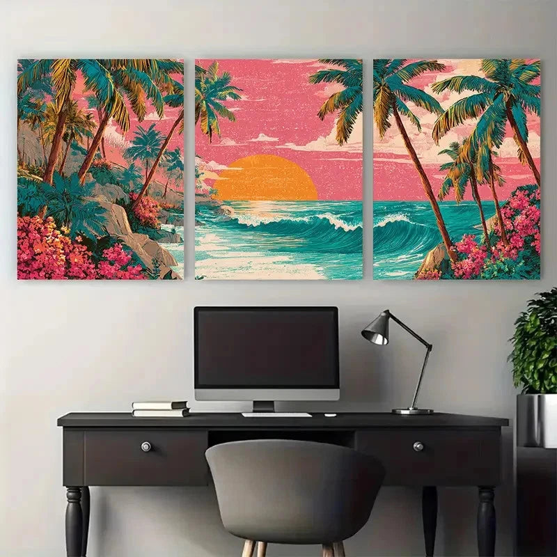 3pcs Puerto Rico Beach Scenery Illustration Wall Art Set Canvas Framed 40x60cm - High Quality Print 100% Australian Made Wall Canvas Ready to Hang