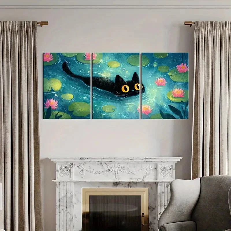 3pcs Black Cat Swimming in for Lotus Pond Metal Print Ready to Hang Art