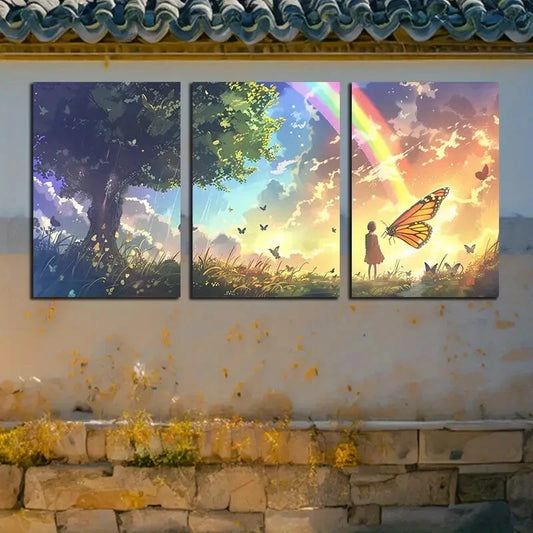 3pcs Vibrant Butterfly Girl with Rainbow View Metal Print Ready to Hang Art