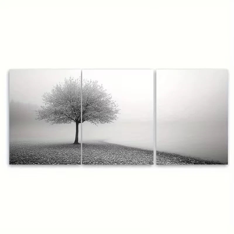 3pcs Calming Grey Landscape With a Solitary Tree Metal Print Ready to Hang Art - Bella Home Decor