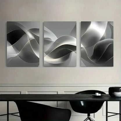 3pcs Silvery and Gray Ribbon-Like Abstract Art Metal Print Ready to Hang Art