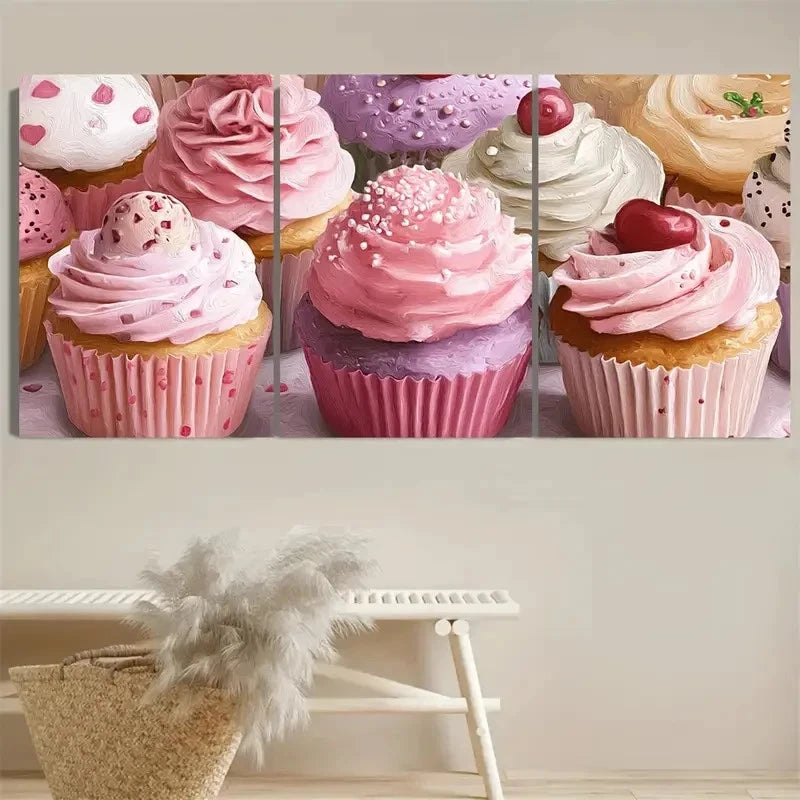 3pcs Pink Cupcake Whimsical Dessert Lovers Art Wall Art Set Canvas Framed 40x60cm - High Quality Print 100% Australian Made Wall Canvas Ready to Hang