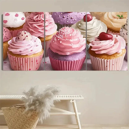 3pcs Pink Cupcake Whimsical Dessert Lovers Art Wall Art Set Canvas Framed 40x60cm - High Quality Print 100% Australian Made Wall Canvas Ready to Hang