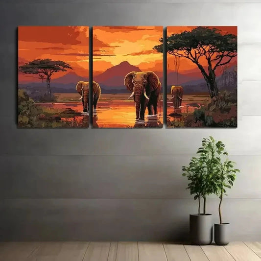 3pcs Sunset Scenery with Elephants Metal Print Ready to Hang Art