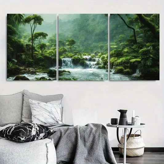 3pcs Lush Green Jungle River Waterfall Metal Print Ready to Hang Art