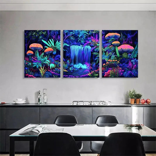 3pcs Neon Forest Waterfall Vibrant Perfect Wall Art Set Canvas Framed 40x60cm - High Quality Print 100% Australian Made Wall Canvas Ready to Hang