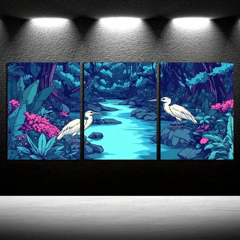 3pcs The Heron by the Pond Illustration Metal Print Ready to Hang Art