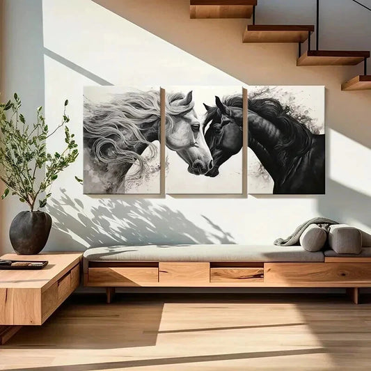 3pcs Black & White Horses Love Abstract Horses Wall Art Set Canvas Framed 40x60cm - High Quality Print 100% Australian Made Wall Canvas Ready to Hang