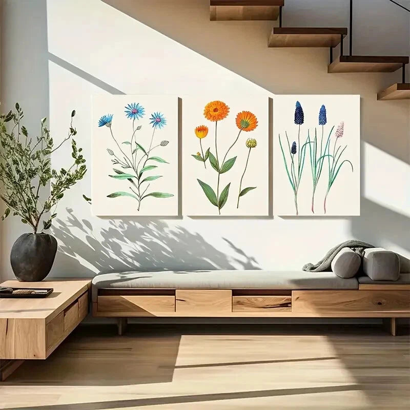 3pcs Vibrant Floral & Foliage Farmhouse Art Metal Print Ready to Hang Art