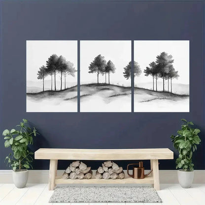 3pcs Vintage Black and White Tree Landscape Metal Print Ready to Hang Art