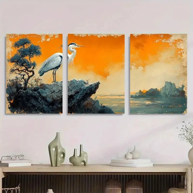 3pcs Heron Bird Animal Ukiyo e Style Japanese Metal Print Ready to Hang Art