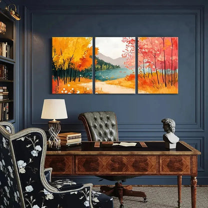 3pcs Autumn Lake Scenery Colorful Trees Landscape Metal Print Ready to Hang Art