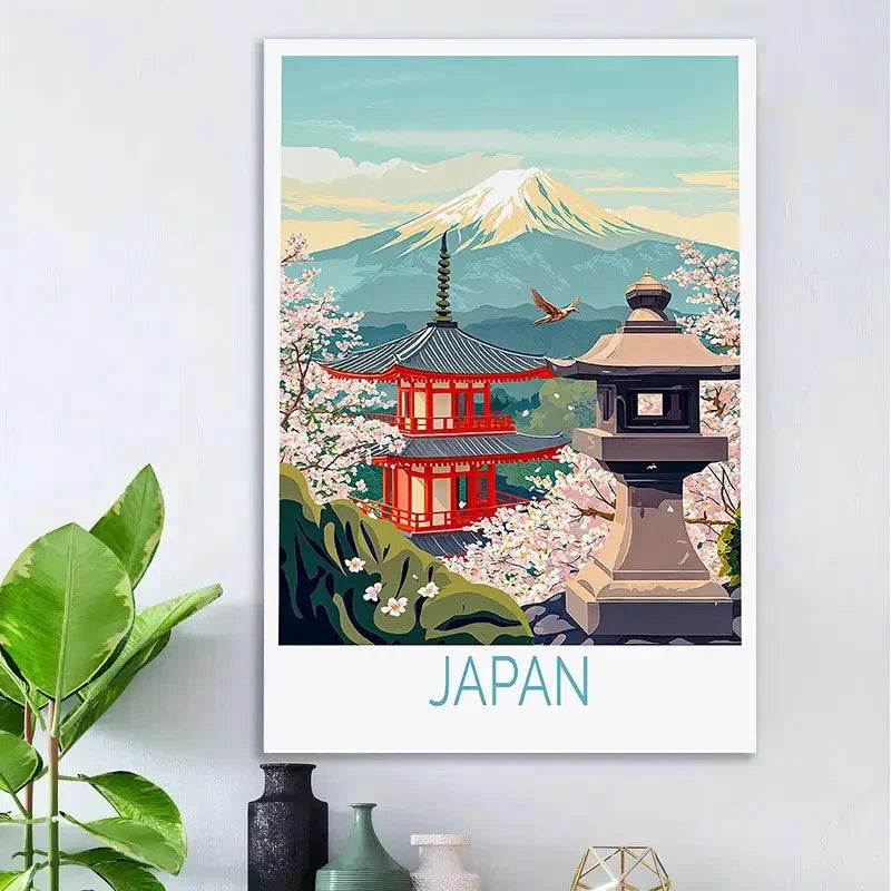 Japanese Pagoda & Cherry Blossoms Travel Poster Print Wall Art