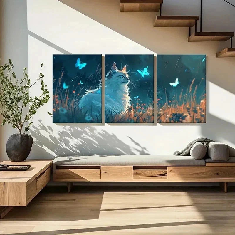 3pcs Animal Theme Fantasy Cat & Butterfly Wall Art Set Canvas Framed 40x60cm - High Quality Print 100% Australian Made Wall Canvas Ready to Hang