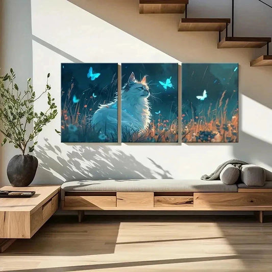 3pcs Animal Theme Fantasy Cat & Butterfly Wall Art Set Canvas Framed 40x60cm - High Quality Print 100% Australian Made Wall Canvas Ready to Hang