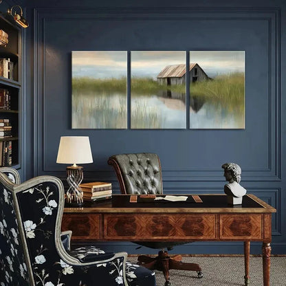 3pcs Serene Lake Calm Atmosphere Barn Reflection Metal Print Ready to Hang Art