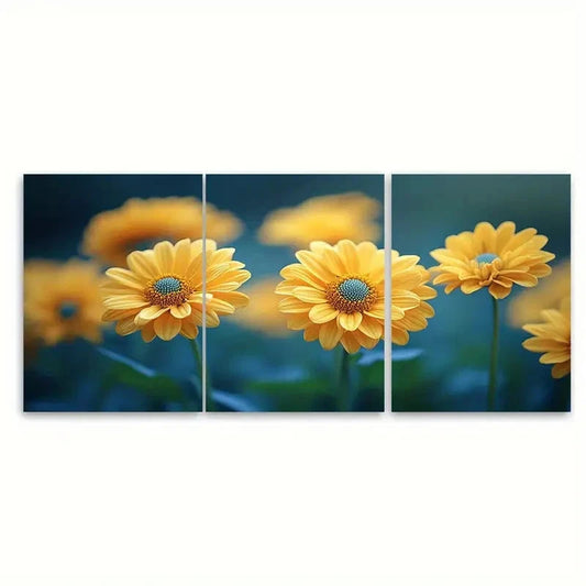 3pcs Bright Yellow Dahlberg Daisy Flower Design Wall Art Set Canvas Framed 50x70cm - High Quality Print 100% Australian Made Wall Canvas Ready to Hang