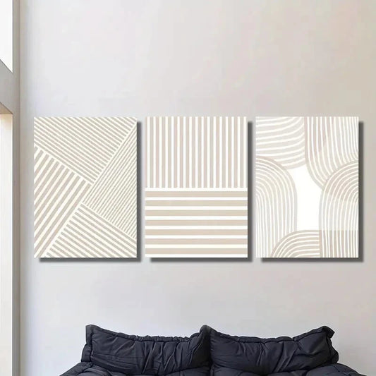 3pcs Geometric Striped Beige, Minimalist Metal Print Ready to Hang Art