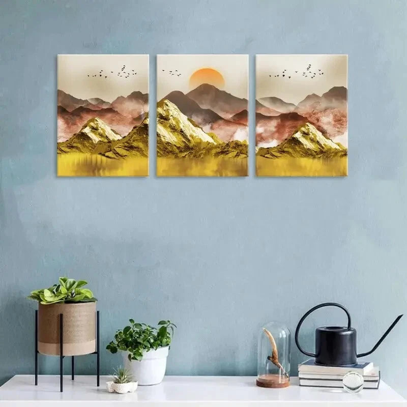 3pcs Abstract Mountain Wall Art Golden Mountains Metal Print Ready to Hang Art