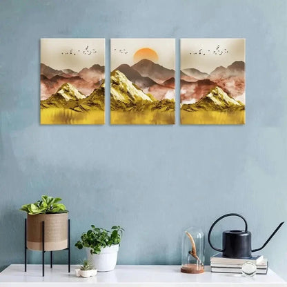 3pcs Abstract Mountain Wall Art Golden Mountains Metal Print Ready to Hang Art