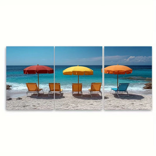 3pcs Minimalist Beach Chair Parasol Metal Print Ready to Hang Art