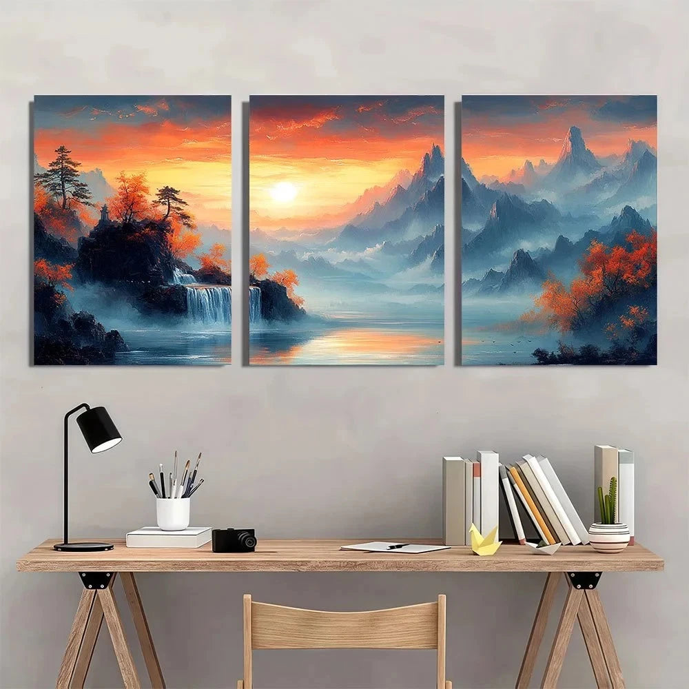 3pcs Golden Foil Chinese Mountain Scenery Wall Art Set Canvas Framed 60x90cm - High Quality Print 100% Australian Made Wall Canvas Ready to Hang