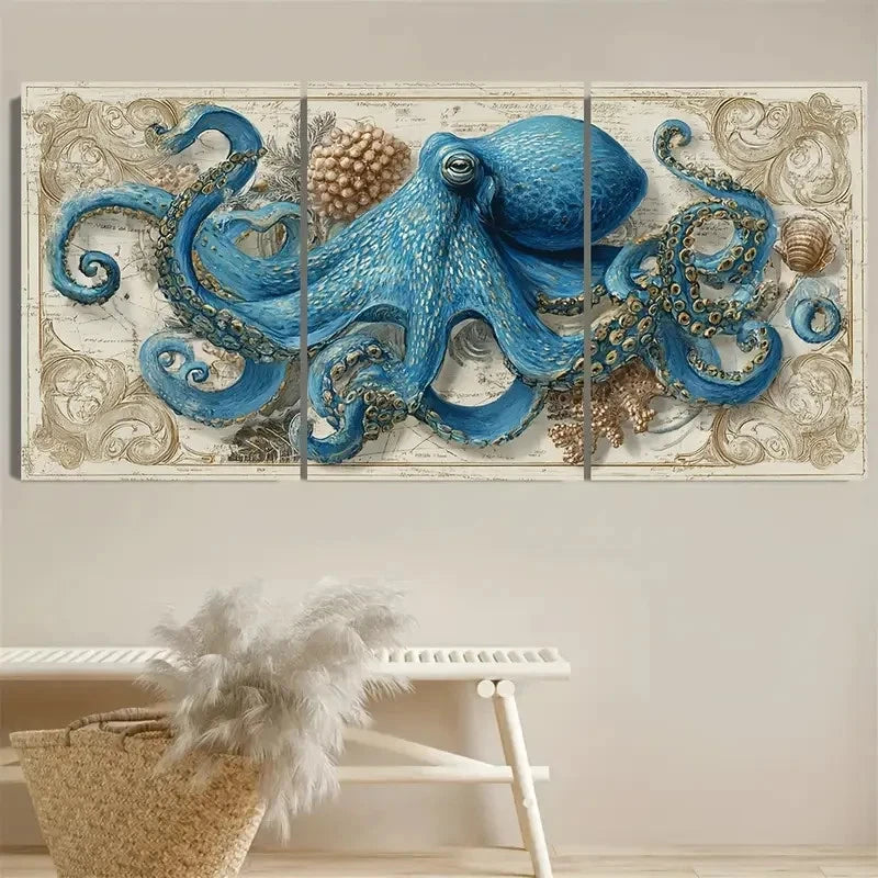 3pcs Blue Octopus Nautical Marine Life Wall Art Set Canvas Framed 40x60cm - High Quality Print 100% Australian Made Wall Canvas Ready to Hang