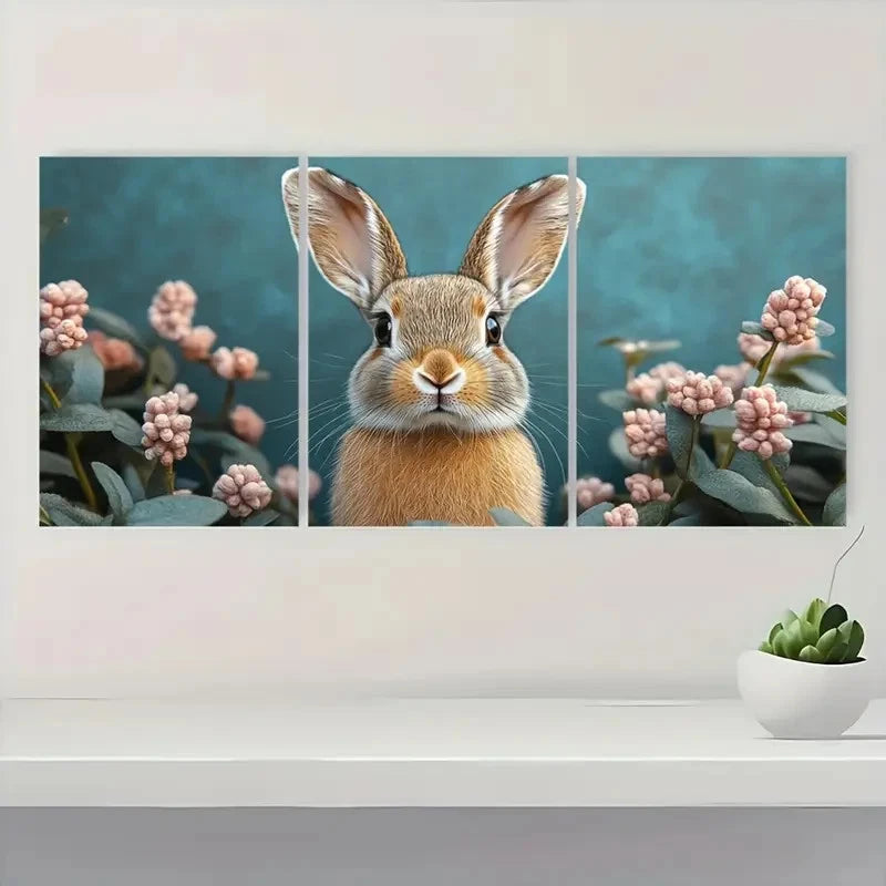 3pcs Boho Rabbit Pink Flowers & Green Leaves Metal Print Ready to Hang Art