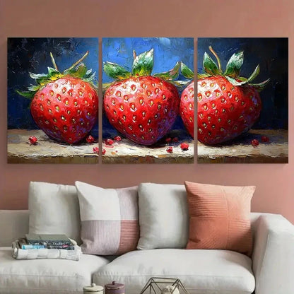 3pcs Vibrant Red & Green Strawberries Fruit Wall Art Set Canvas Framed 60x90cm - High Quality Print 100% Australian Made Wall Canvas Ready to Hang
