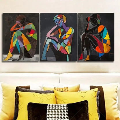 3pcs Colorful Cubist Figures in Deep Thought Wall Art Set Canvas Framed 40x60cm - High Quality Print 100% Australian Made Wall Canvas Ready to Hang